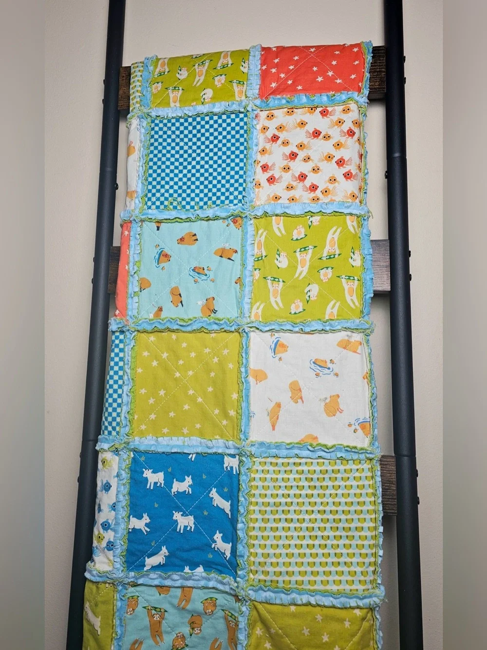 Handmade Animal Animal Rag Quilt: Sloth Lamb Baby Crib Blanket Ruby Star Society